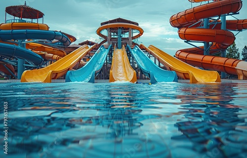 water park with colorful waterslides, Water slide with children pool, summer fun activity, vacation leisure concept, vacation spot for families