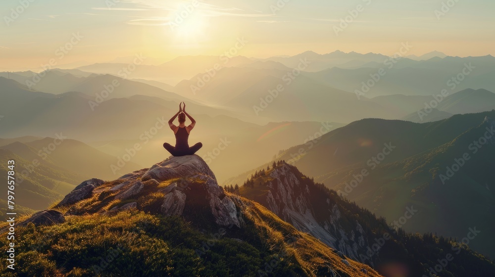 Obraz premium A person engaged in yoga poses on a mountain summit with a scenic view in the background