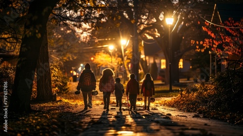 A group of friends trick-or-treating together, illuminated by warm street lamps, walking down a street at night