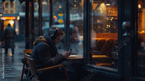 A person sitting at a table in a cafe, engrossed in their cell phone while wearing headphones