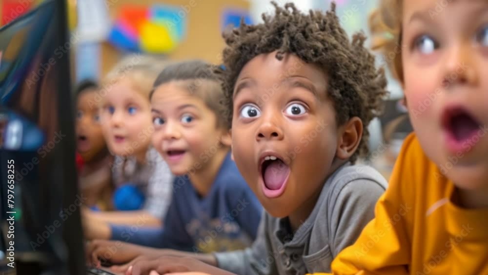 A close-up of the children's faces learning with lab top together in class, showing their excitement and engagement A close-up of the children's faces learning with lab top together in class, showing their excitement and engagement