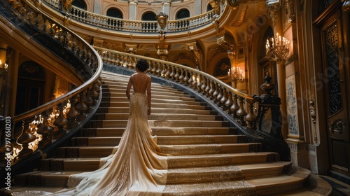 A woman in a wedding dress descends a grand staircase in a luxurious setting