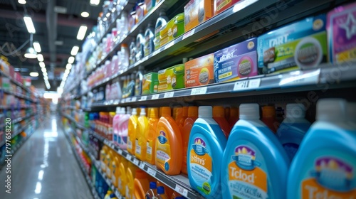 A store aisle filled with multiple brands and types of laundry detergent bottles neatly arranged on shelves with price tags