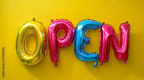 Large foil balloons spell out the word OPEN against a cheerful yellow background, filling the frame in a wide-angle shot