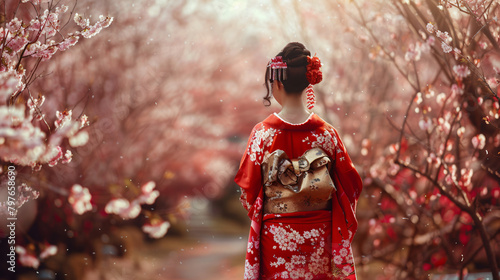 A young girl in a Japanese national costume walks 