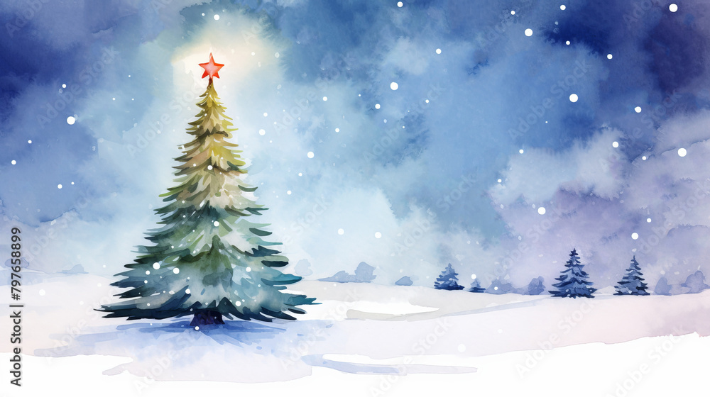 Lonely Christmas tree in a snowy field, starlit sky, watercolor cartoon, soft color