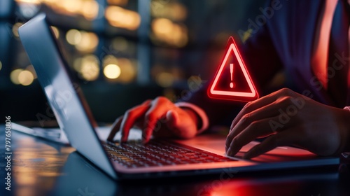 Entrepreneurs use laptops with virtual alerts signal to exercise caution when making business investments and a warning about the state of the economy. photo