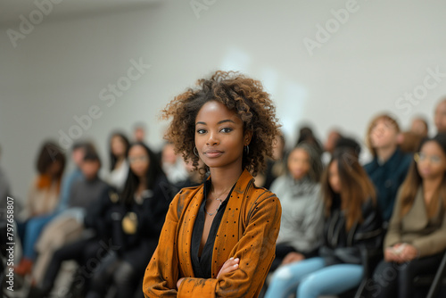 a beautiful African-American girl is at a general meeting to solve current problems and looks at the camera. Audience with listeners discussing the process in the background.  photo