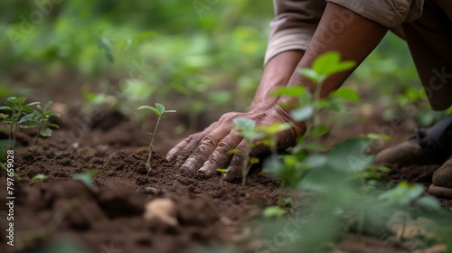 A farmer s hands sowing seedlings on the ground blend in with the idea of social afforestation and afforestation.