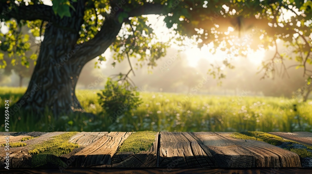There is a wooden table in an orchard. There are apple trees with green leaves and red apples hanging from their branches. The sun is shining through the trees.