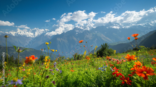 a mountain landscape. There are snow-capped mountains in the distance  with a valley of flowers in front of them. 