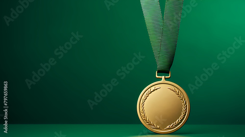 Gold medal with ribbon on green background