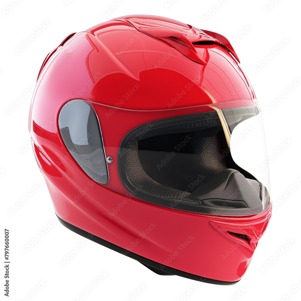 A shiny red motorcycle helmet with a clear visor isolated on a black background.
A shiny red motorcycle helmet with a clear visor isolated on a black background.
