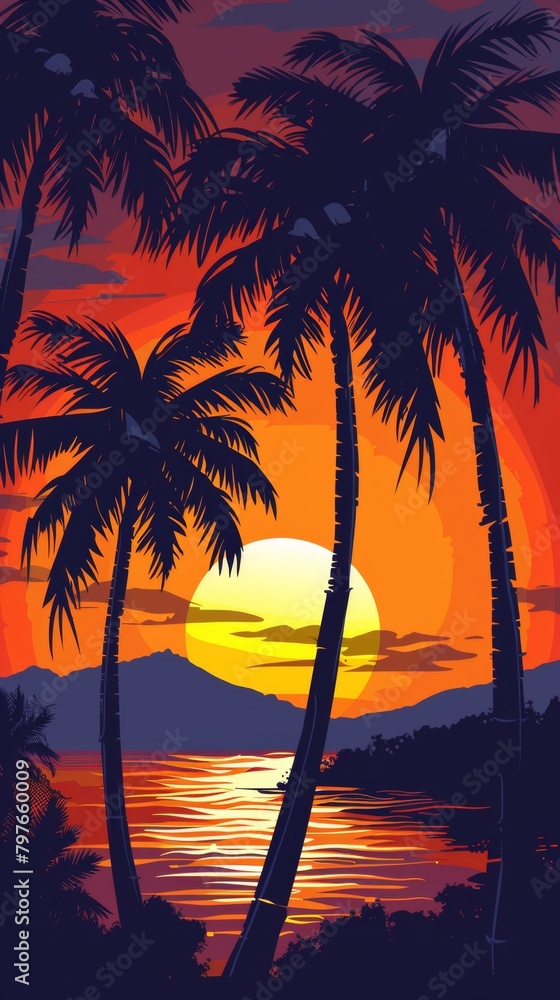 A sunset with palm trees in the foreground and a body of water, AI