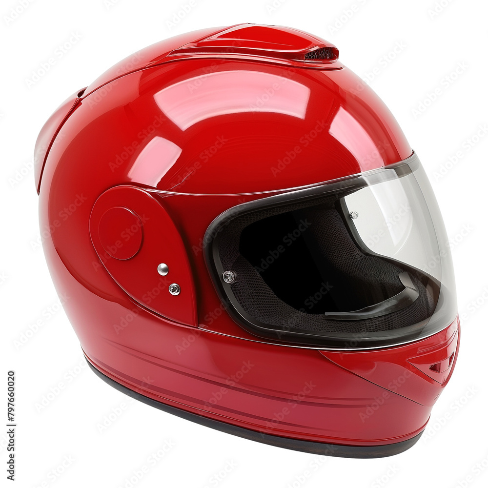 A shiny red motorcycle helmet with a clear visor isolated on a black background.
A shiny red motorcycle helmet with a clear visor isolated on a black background.
