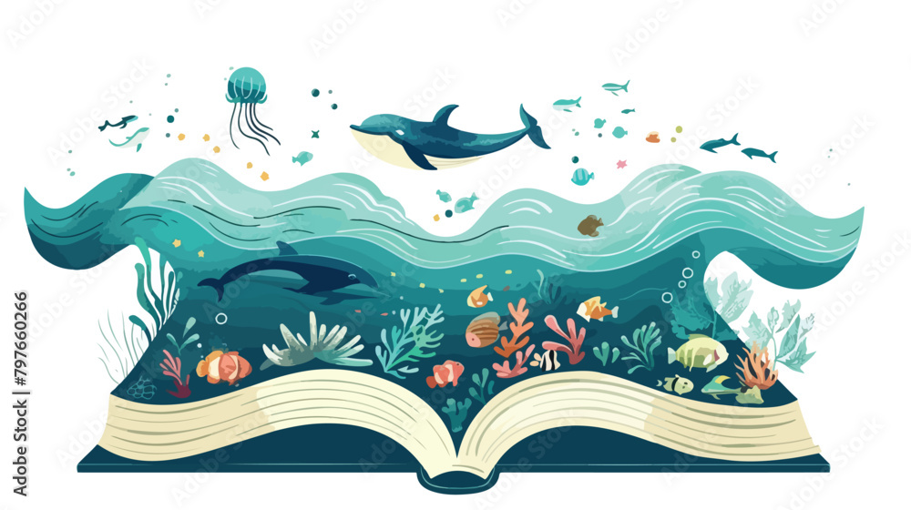 Vector illustration of open book with underwater