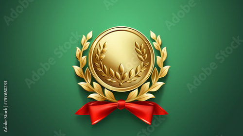 Gold medal with ribbon on green background