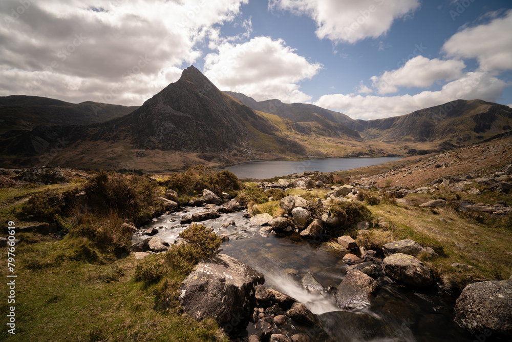 Tryfan mountain above Avon Lloer stream in Snowdonia, North Wales Tryfan mountain above Avon Lloer stream in Snowdonia, North Wales