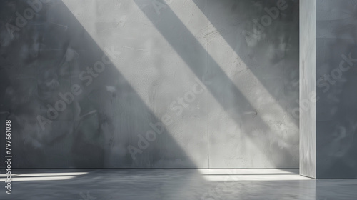 Modern empty room with concrete walls, sunlight casting shadows, minimalist interior design 