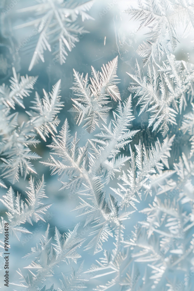 The textured surface of a frost-covered windowpane features intricate frost patterns and icy formations. Frosty window textures offer a chilly and wintery backdrop