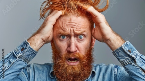 A man with a red beard and blue shirt holding his hair in the air, AI photo