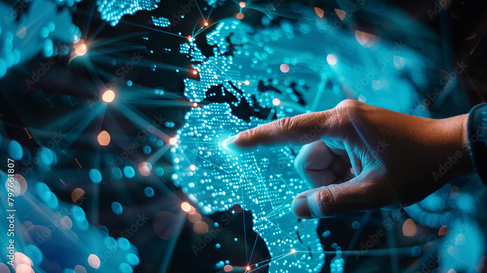 Direct finger touch on a digital world map, sparking connections via ...