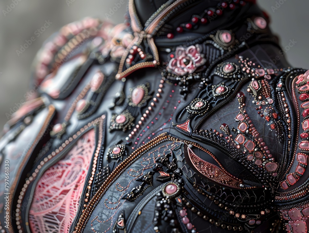 Obraz premium Capture the intricate details of futuristic couture in a close-up shot, blending traditional elegance with virtual reality vibes for a high-tech haute couture look