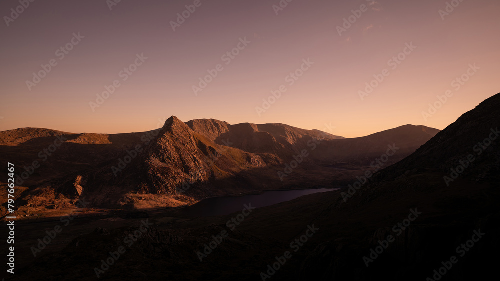 Tryfan mountain and the Ogwen Valley landscape in Snowdonia