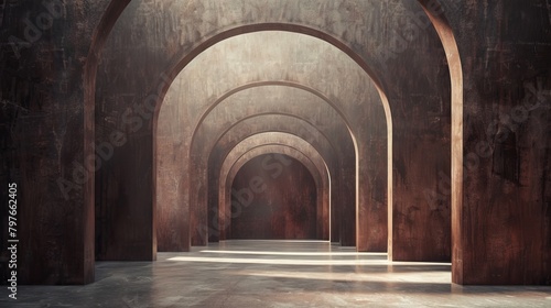 A long, concrete hallway with arched openings on both sides.