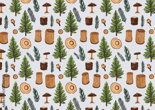 Wooden seamless pattern with pine tree and log. Vector illustration.