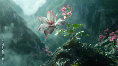 A pink flower is growing out of a rocky cliff. photo