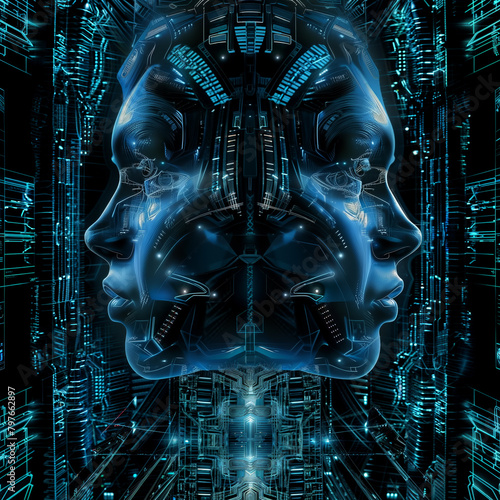 Abstract illustration of two woman’s profile portraits invoking ancient Janus image, surrounded by digital interfaces. Interpretation and personification of dualist AI technology, blue color.
