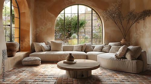 spacious half-round sofa, soft cushions, and a rustic round coffee table