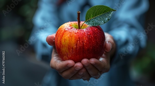 Person Holding Apple With Leaf. Generative AI