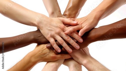 People of different races put their hands together as a sign of cooperation.