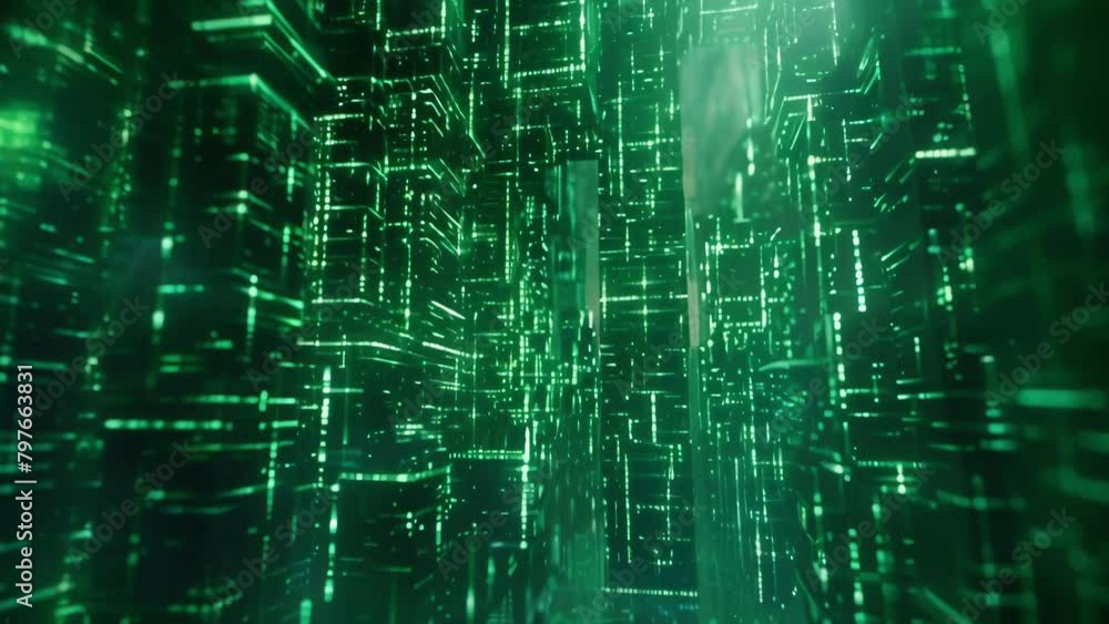 A backdrop of defocused green shapes and patterns evokes a sense of powerful computer algorithms and endless data conjuring up the world of the Matrix. . A backdrop of defocused green shapes and patterns evokes a sense of powerful computer algorithms and endless data conjuring up the world of the Matrix. .