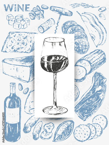 ector wine illustration. Wine bottle, glass, snack, cork, corkscrew, grape, cheese, bread