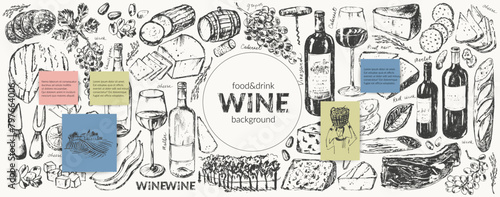 Vector wine illustration. Wine bottle, glass, snack