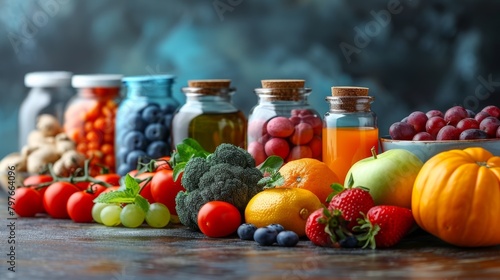 Row of Jars Filled With Different Types of Fruits and Vegetables. Generative AI