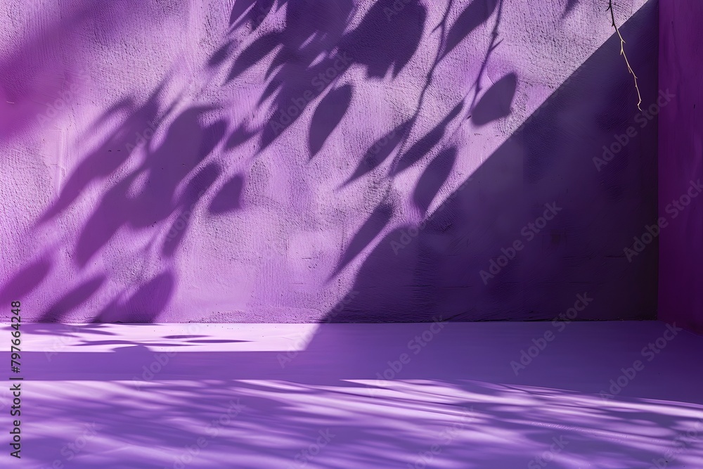 3D render of a purple empty room with shadows on the wall. Scene for product presentation in the style of a copy space concept. 