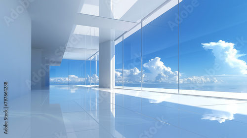 Fototapeta Naklejka Na Ścianę i Meble -  Minimalist interior building, blue sky and white clouds
