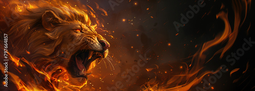 Furious lion head with fire roaring on dark background with space for text photo