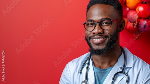 Man With Stethoscope in Front of Red Wall. Generative AI photo