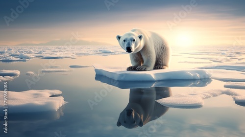 Polar bear on a shrinking ice cap, surrounded by melting ice and frigid waters, symbolizing the threat to wildlife due to climate change photo