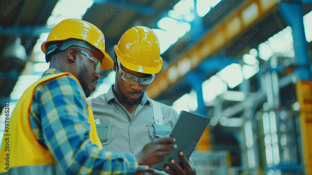 Male automation engineers discussing over digital tablet in industry Male automation engineers discussing over digital tablet in industry