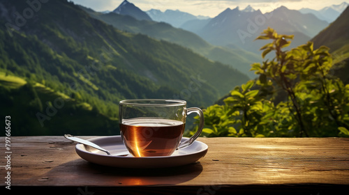 cup of tea on the terrace in the mountains