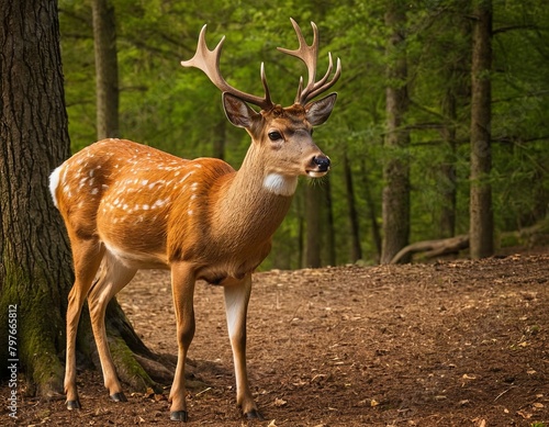 A deer with antlers is standing in a grassy field