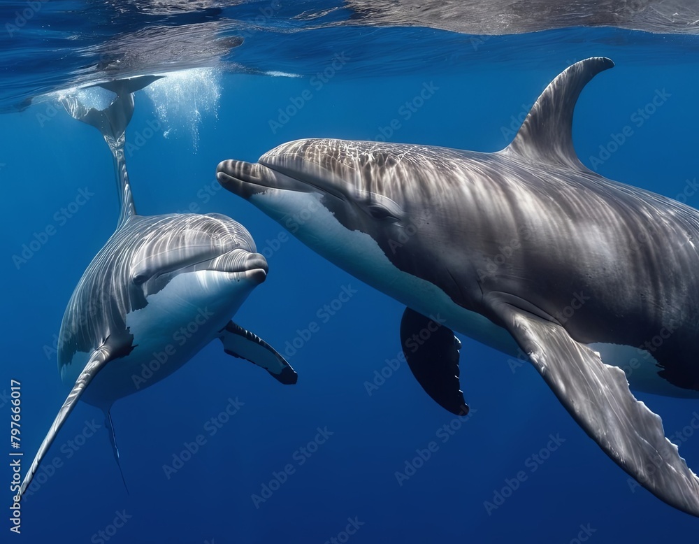 Fototapeta premium A dolphin is swimming in the ocean with its head above the water
