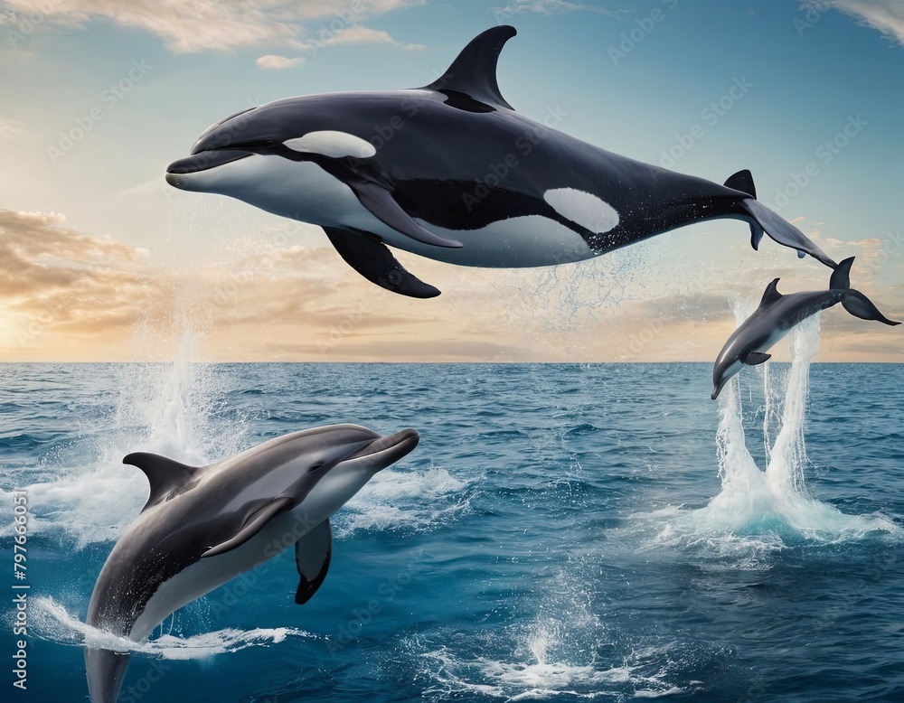 Obraz premium A group of orcas are leaping out of the water
