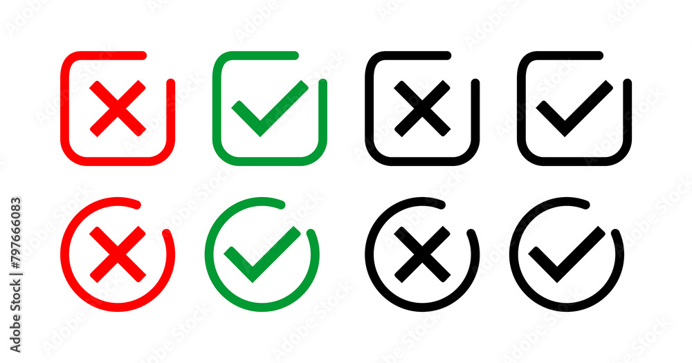 Set of Yes and No or Right and Wrong or Cross Mark and check mark symbol outline button Set of Yes and No or Right and Wrong or Cross Mark and check mark symbol outline button
